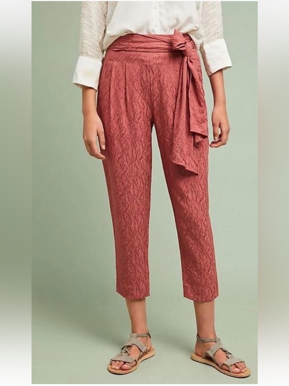Anthropologie ETT:TWA Rose Jacquard AUBADE TIE-WAIST PANTS Tapered Cropped. 4